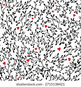 Lindos padrões sem emenda de galhos e folhas. Ilustração vetorial. Um desenho de folhagem de primavera e corações vermelhos, isolados sobre fundo branco. Adequado para impressão em têxteis, papel scrapbooking, tampas