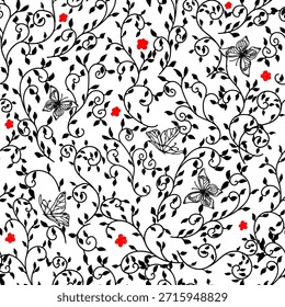 Lindos padrões sem emenda de galhos e folhas. Ilustração vetorial. Um desenho de folhagem de primavera e corações vermelhos, isolados sobre fundo branco. Adequado para impressão em têxteis, papel scrapbooking, tampas