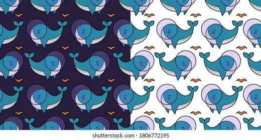 Cute seamless patterns with whales in space. Two color variations