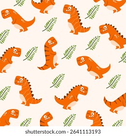 cute seamless pattren orange t rex dinosaur with green laft kids apparel design. good for full print fabric for kids and baby apparel