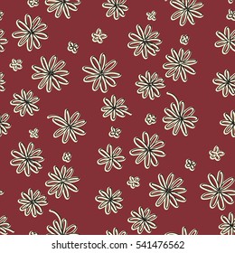 Cute seamless pen-drawing daisies flower with red-brown background and yellow shadow