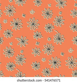Cute seamless pen-drawing daisies flower with orange background and yellow shadow