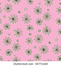 Cute seamless pen-drawing daisies flower with pink background and yellow shadow