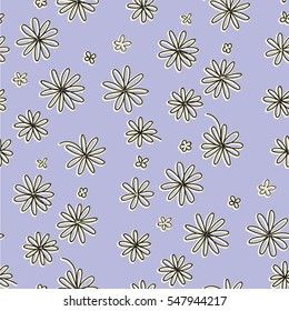 Cute seamless pen-drawing daisies flower with purple background and yellow shadow