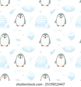 Nettes nahtloses Pinguin-Muster in Vektorgrafik. Cartoon Pinguine mit Winterelementen aus Schnee, Eisschollen und Iglus. Ideal für Stoff, Textilien, Tapeten. Vektorgrafik