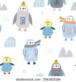 Cute seamless penguin patterns. Cartoon penguins in scarf and hats winter texture. Perfect for fabric, textile, Wallpapers. Vector illustration