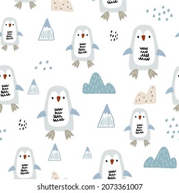 Cute seamless penguin patterns. Cartoon penguins winter texture. Perfect for fabric, textile, Wallpapers. Vector illustration