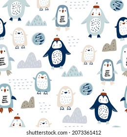 Cute seamless penguin patterns. Cartoon penguins in scarf and hats winter texture. Perfect for fabric, textile, Wallpapers. Vector illustration