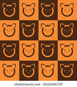 Cute seamless pig face pattern in orange and brown blocks 