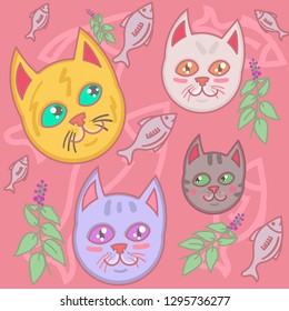 Cute seamless pink background with cartoon cats. Cats, fish, Catnip. Vector