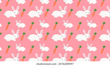Cute Seamless Pink Background Illustration of Rabbit and Carrots