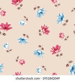 flores nítidas sin costura rosa y azul vectorial hojas patrón en fondo crema