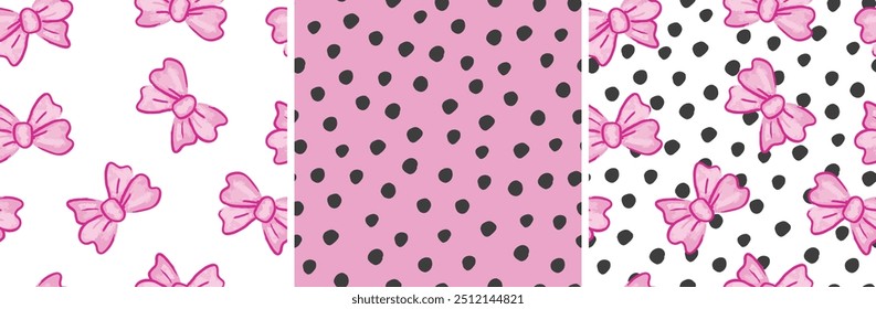 Nettes, nahtloses, rosafarbenes Bogenmuster mit Polka-Punkten. Handgezeichnete Vektordoodle-Abbildung. Set von 3. Rosa, weiß und schwarz. Für Mädchen Jugendliche, Mode, Papier, Geschenk, Karten, Nachthemden und stationäre