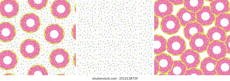 Lindo patrón de rosquilla rosa sin costuras con aspersiones. Vector de doodle dibujado a mano. conjunto de 3 para niñas, adolescentes, moda, cumpleaños y papelería