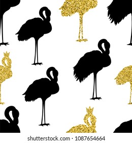 Cute Seamless Pink Flamingos pattern on a white background. Gold glitter flamingo with a crown. Cartoon bird vector illustration. Summer trendy pattern design. Fabric, printing, paper.