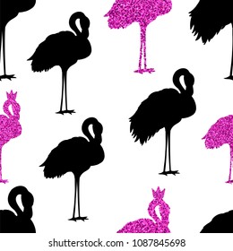 Cute Seamless Pink Flamingos pattern on a white background. Pink glitter flamingo with a crown. Cartoon bird vector illustration. Summer trendy pattern design. Fabric, printing, paper.