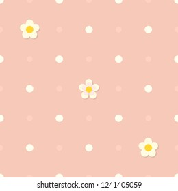 Cute Seamless Pink Flat Background With Polka Dot Pattern And White Flowers. Children's Bedroom, Kids Nursery Decorative Wallpaper. Cloth Texture. Gift Wrapping. Vintage Colors. Vector Illustration. 