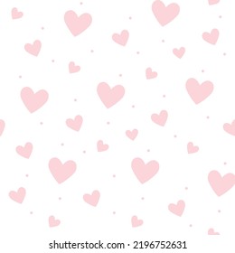 Cute seamless pink pattern with hearts and polka dot. Light hearts on white background for print.