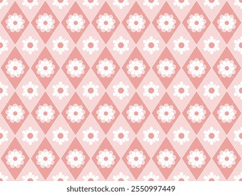 Cute seamless pink plaid with flower pattern. Diamond pattern with flower print in palette of pink. Vector design high quality.