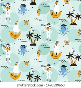 Cute seamless pirate themed pattern - childish marine or nautical print design - adorable hand drawn illustrations forming a repeat pattern background