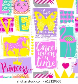 Cute seamless princess pattern for girls. Summer background with flamingos, pineapple, unicorn, hearts and crown. For prints on T-shirts, textiles, paper products, the Web. Isolated on white