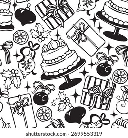 Impressão perfeita bonito com elementos de Natal em estilo doodle. Ilustração vetorial: presentes, decorações, arcos
