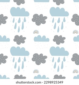 Cute seamless print with hand-drawn clouds and raindrops. Fashionable children's texture for fabric textile wallpaper.