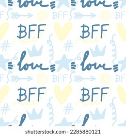 Cute seamless print with repeating pattern. Carona, tinsel, stars, Cupid's arrows, target and the text BFF, Love. Texture for wallpaper, background, textiles, scrapbook. Wrapping paper.