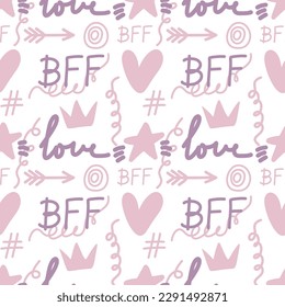 Cute seamless print with repeating pattern. Carona, tinsel, stars, Cupid's arrows, target and the text BFF, Love. In light pink and purple. Texture for wallpaper, background, textiles, scrapbook. Wrap