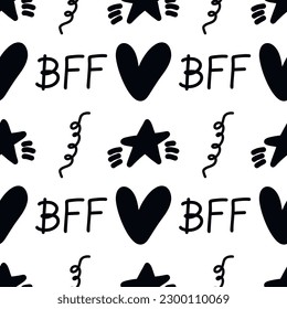 Cute seamless print with repeating pattern. Crown, tinsel, stars, Cupid's arrows, target and lyrics of the song Love. Black and white illustration. Texture for wallpaper, background, textiles, scrapbo