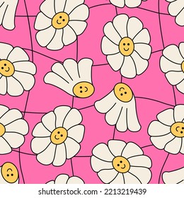 Cute seamless psychedelic pattern with wavy checkerboard and groovy retro flowers. Kid core aesthetic. Chamomile flowers with funny faces.