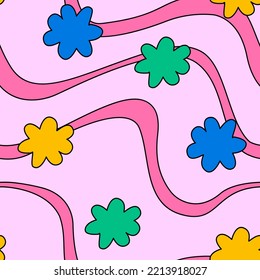 Cute seamless psychedelic pattern with wavy lines and groovy retro flowers. Kid core aesthetic.