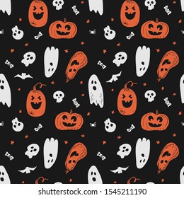  Cute seamless with pumpkin, skull, ghost, candys, but on black background. Halloween pattern. Treak or treat. 