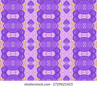 Padrão roxo suave bonito com formas de desenho animado, corações, simetria, fundo pastel e textura decorativa para design infantil, tecido e artigos de papelaria.