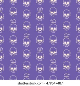 cute seamless purple pattern with skulls and crowns. hand-drawn illustration