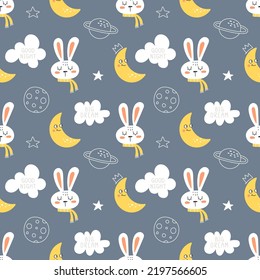 Cute seamless rabbit pattern for baby pajamas, sleepwear.