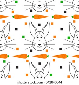 Cute seamless rabbit pattern. Background with fun cartoon bunny and carrot. Childish wallpaper. Vector illustration in cartoon baby style. Lovely romantic Easter illustration.