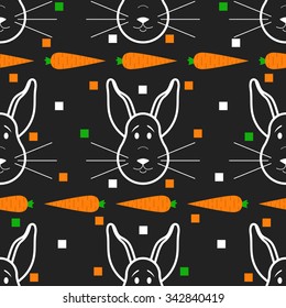 Cute seamless rabbit pattern. Background with fun cartoon bunny and carrot. Childish wallpaper. Vector illustration in cartoon baby style. Lovely romantic Easter illustration.