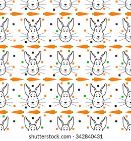 Cute seamless rabbit pattern. Background with fun cartoon bunny and carrot. Childish wallpaper. Vector illustration in cartoon baby style. Lovely romantic Easter illustration.