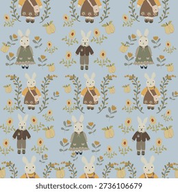 Cute seamless rabbit pattern with hand-drawn bunnies, flowers, apples, and leaves on soft light blue background. Perfect for kids fabric, nursery textiles, wallpaper, wrapping paper, apparel, and surface pattern design.
