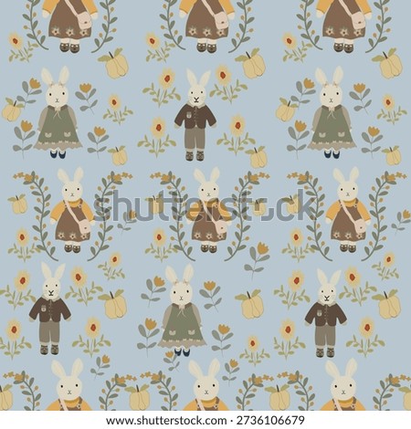 Cute seamless rabbit pattern with hand-drawn bunnies, flowers, apples, and leaves on soft light blue background. Perfect for kids fabric, nursery textiles, wallpaper, wrapping paper, apparel, and surface pattern design.