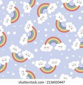 Cute seamless rainbow and clouds pattern. Cartoon style. Eps 10