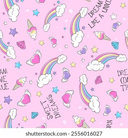 Cute seamless rainbow pattern for kid textile. Print for clothes and fabric. Pink. Rainbow pattern