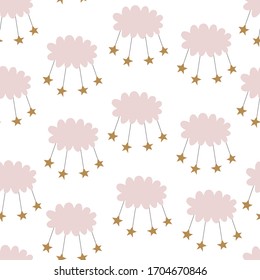 Cute seamless rainbow pattern for kids, baby apparel, fabric, textile, wallpaper, bedding, swaddles with clouds, stars, rainbow, sky