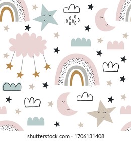 Cute seamless rainbow pattern for kids, baby apparel, fabric, textile, wallpaper, bedding, swaddles with clouds, stars, rainbow, sky