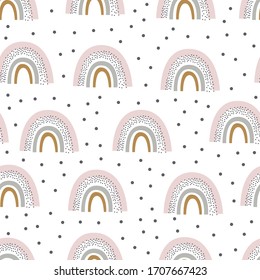 Cute seamless rainbow pattern for kids, baby apparel, fabric, textile, wallpaper, bedding, swaddles with clouds, stars, rainbow, sky