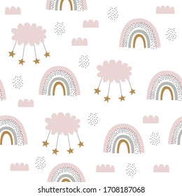 Cute seamless rainbow pattern for kids, baby apparel, fabric, textile, wallpaper, bedding, swaddles with clouds, stars, rainbow, sky