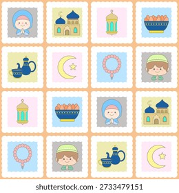 Bonito padrão de Ramadã sem costura com crianças muçulmanas Lanterna da mesquita e elementos de Iftar