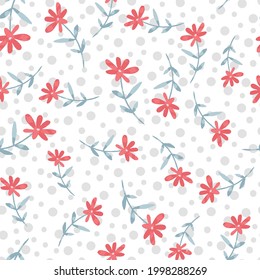 Cute Seamless red Floral Pattern isolated on light blue background. Design element for textile, fabric, ditsy flower field seamless pattern, cute floral on dotted background,