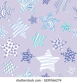Cute seamless repeat pattern background with stars, blue stars. Sweet dreams textured star elements.
